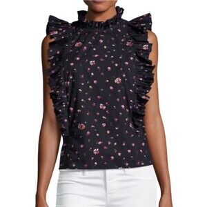 Rebecca Taylor Mia Floral Top Women Size 2 Navy Cotton Sleeveless Ruffle Blouse